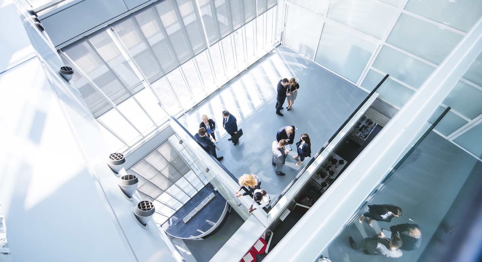 view of office building lobby from above 