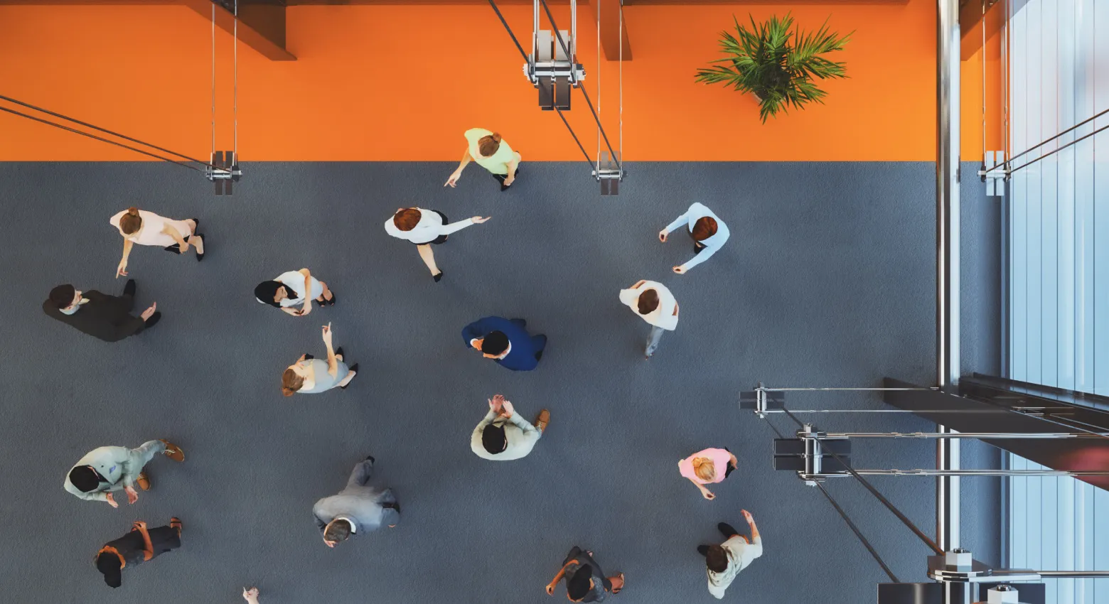top view of people walking around