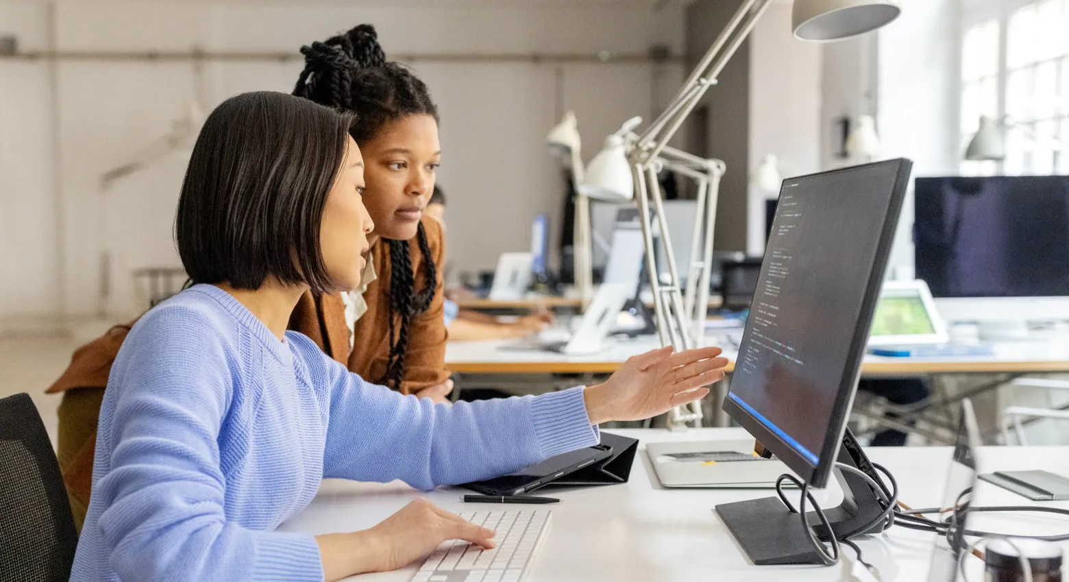 Two women with desktop computer