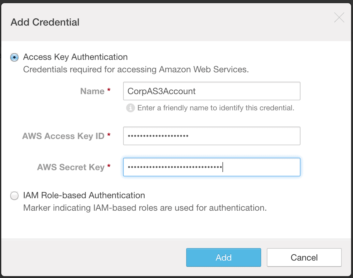 Backup to and restore from Amazon S3 operations use these keys to access the given bucket