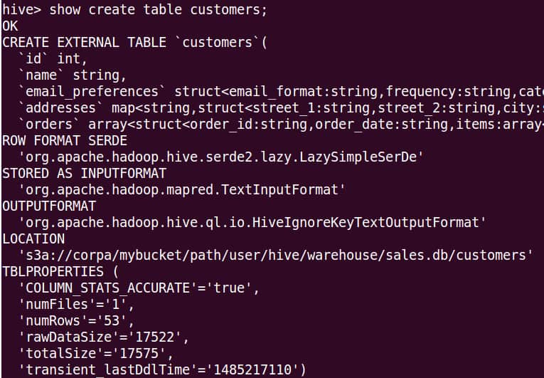 After successful run of restore operation, you will see that the external table has been created in Hive with its LOCATION attribute pointing to the S3 path