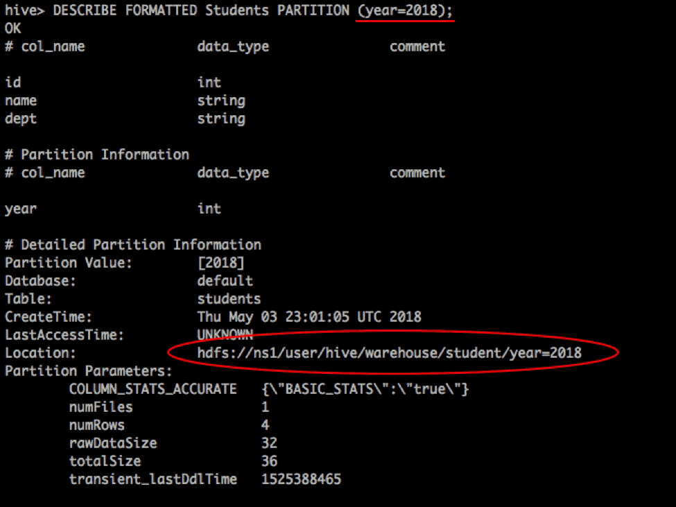 The figure shows that the table Students has the partition ‘year=2018’ in NS1