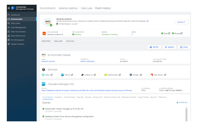 The central Data Lake cluster is hosting SDX services such as Atlas and Ranger and is automatically wired to the Kafka and NiFi clusters.