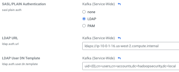 In Cloudera Manager, set the following properties in the Kafka service configuration to match your environment