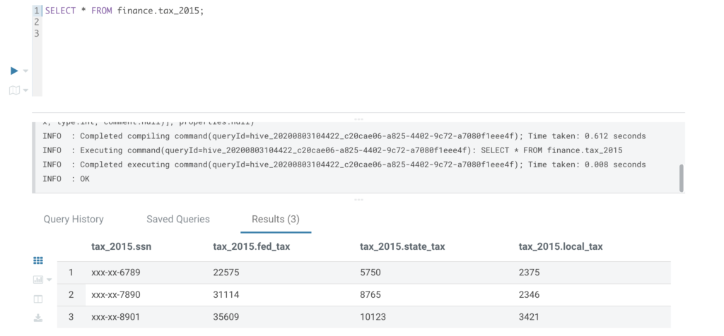 Figure 11: Query on Hive table, which reads data from ADLS-Gen2 directory