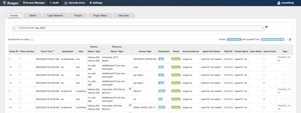 Figure 12:Ranger audits showing authorizations for a query execution: Hive table, ADLS-Gen2