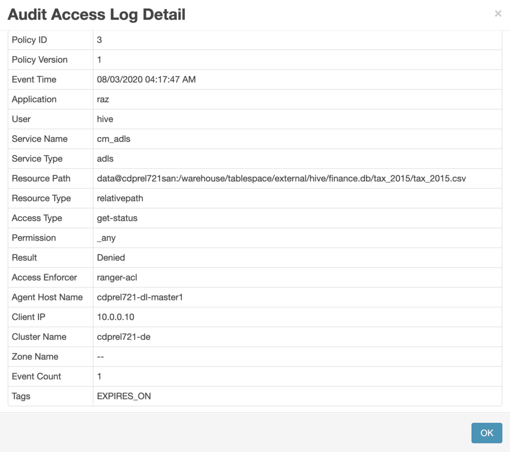 Figure 15: Ranger audit log showing details of denied access to ADLS-Gen2 directory
