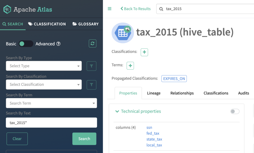 Figure 16: EXPIRES_ON classification propagated to Hive table from ADLS-Gen2 directory