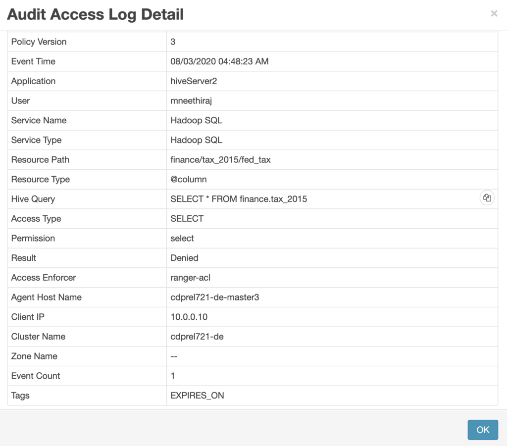 Figure 18: Ranger audit log showing details of denied access to Hive table