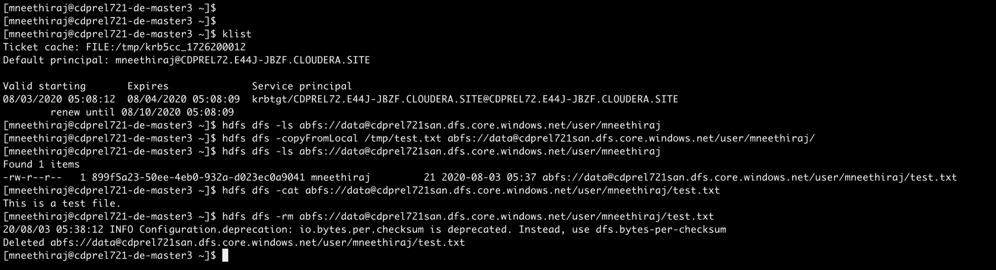 Figure 2: Access home directory contents in ADLS-Gen2 via Hadoop command-line