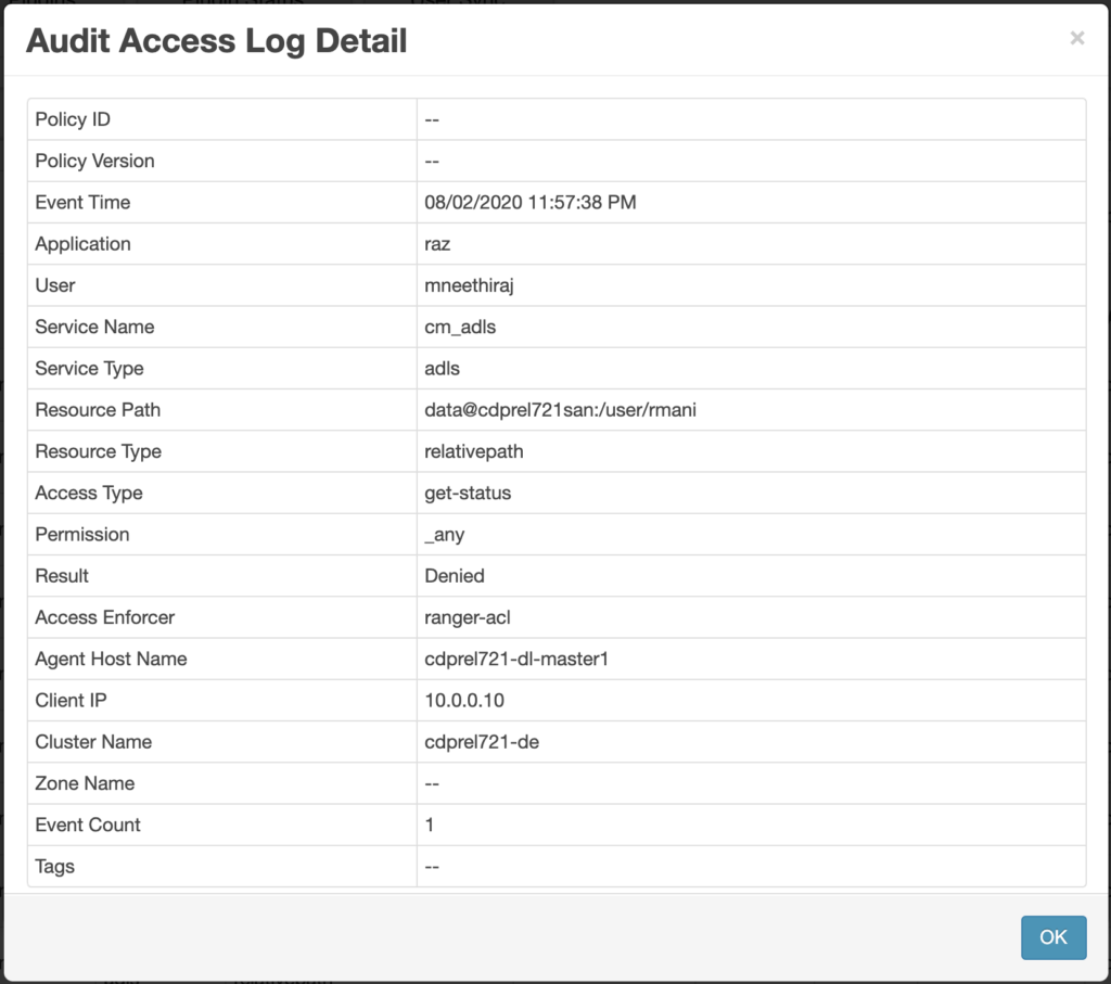 Figure 6: Ranger audit log details showing who accessed what, when, from where