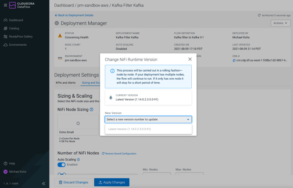 Figure 11: Users can change the NiFi runtime version for existing deployments