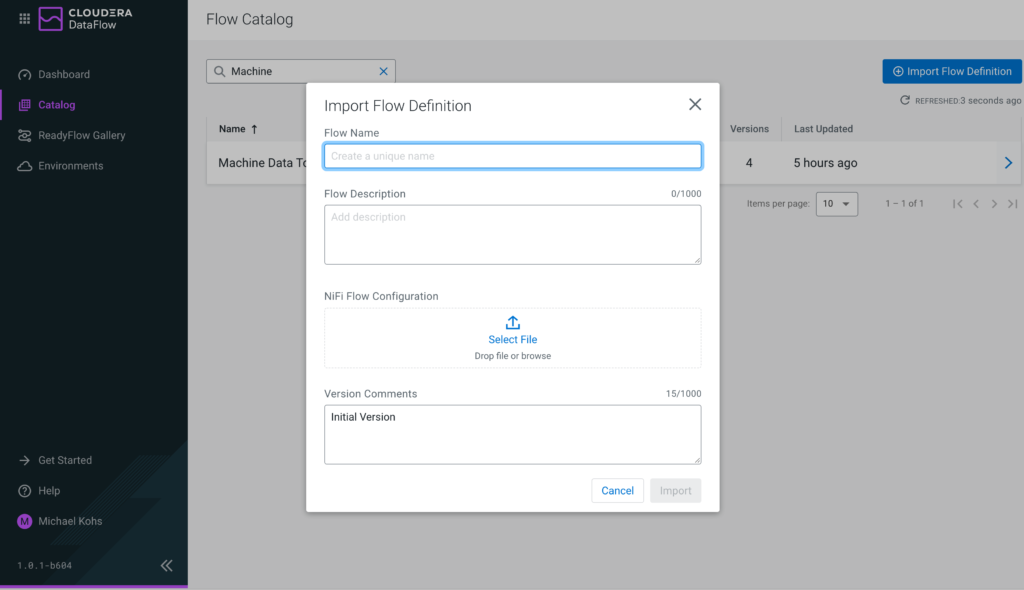 Figure 4: Importing a NiFi flow definition into the CDF-PC Flow Catalog