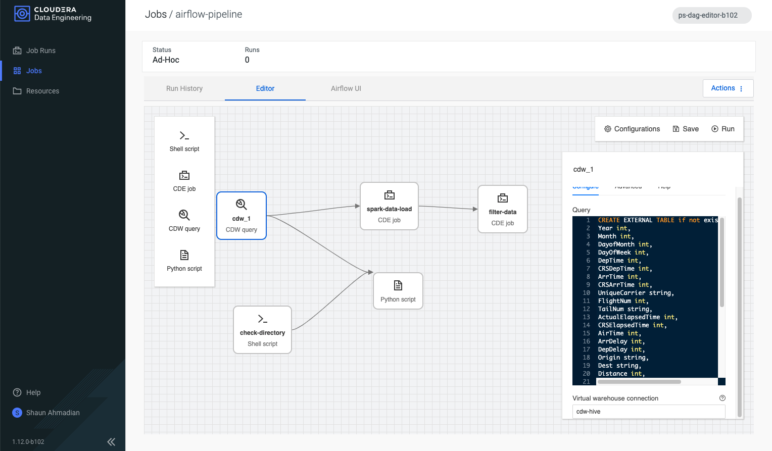 Figure 1:  “Editor” screen for authoring Airflow pipelines, with operators (left), canvas (middle), and context sensitive configuration panel (right)