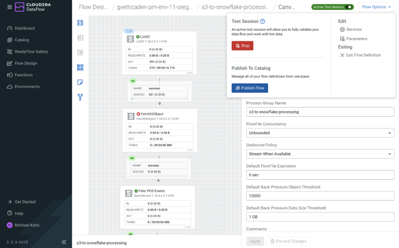 Figure 10a: Once a draft flow has been validated using a test session, developers can publish them to the DataFlow catalog for production deployments