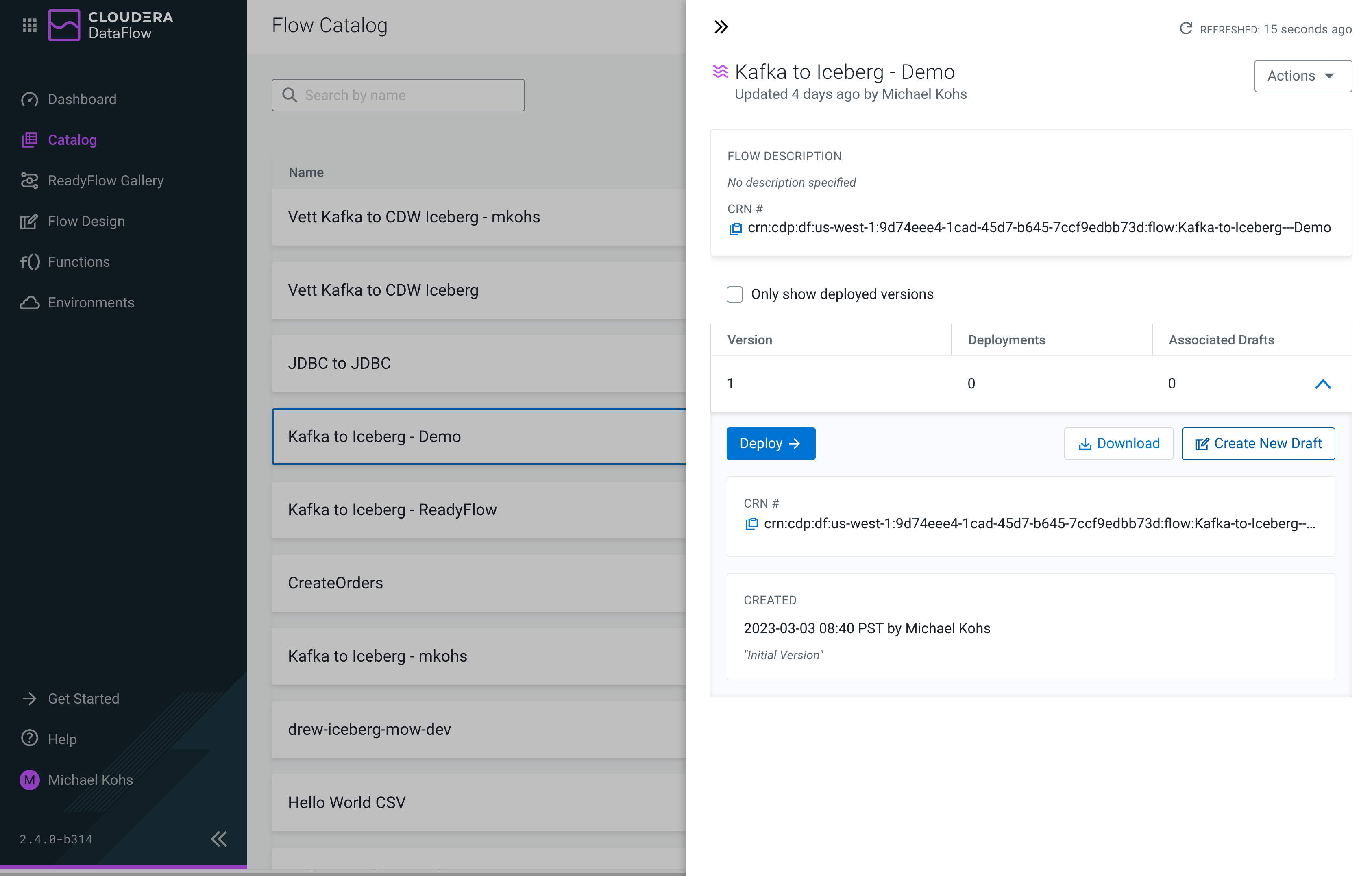 Figure 9: You can create new drafts from any version of published flow definitions in the Catalog