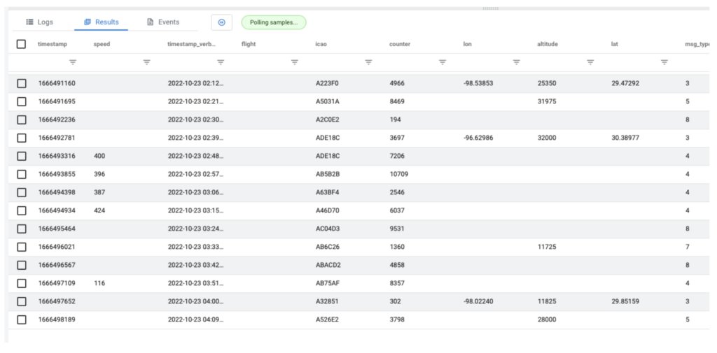 airplanes query result