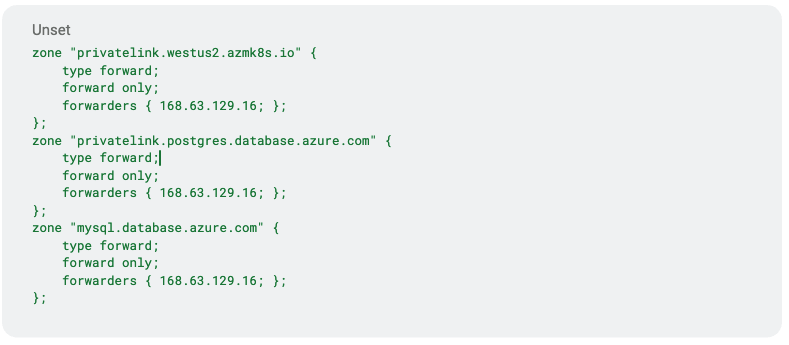 Conditional forward on the custom private DNS server to forward DNS requests for the Azure Managed Services to the Azure Default DNS server IP address(168.63.129.16)