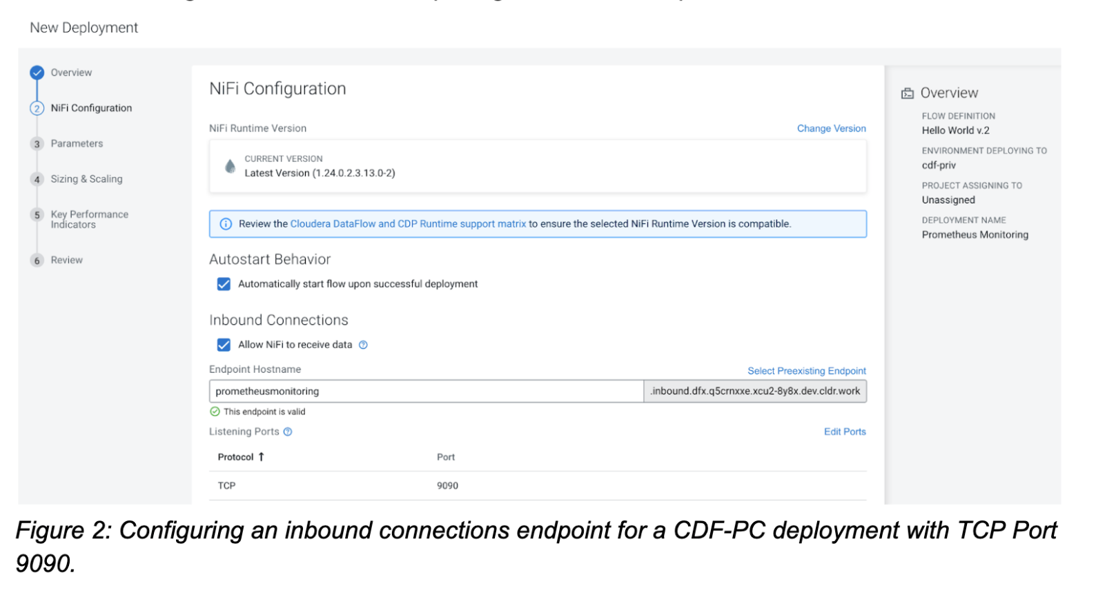Configuring an inbound connections endpoint for DataFlow public cloud deployment with TCP port 9090.