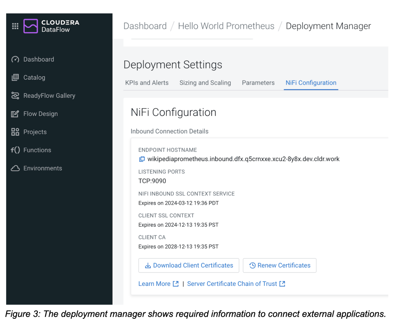 The deployment manager shows required information to connect external applications
