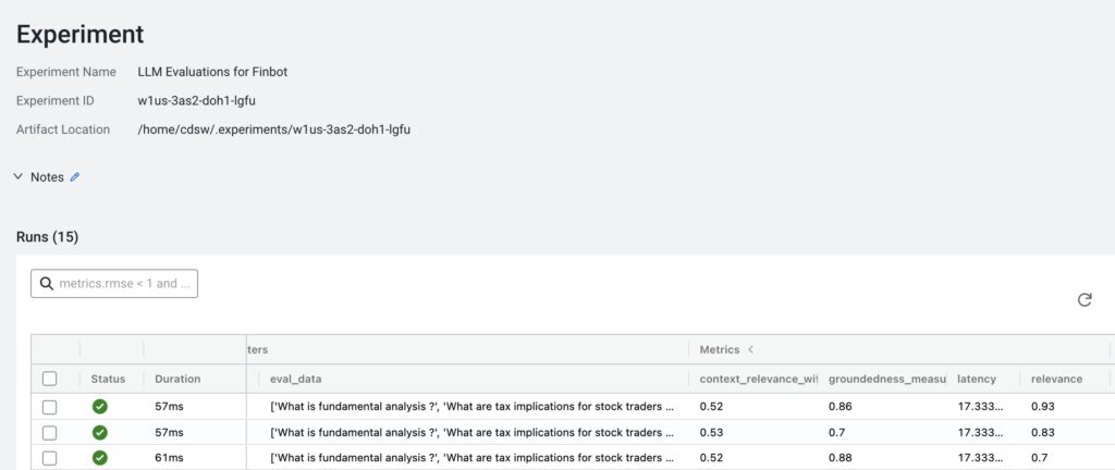 The picture above demonstrates saving the earlier metrics in the Cloudera platform for LLM performance evaluation