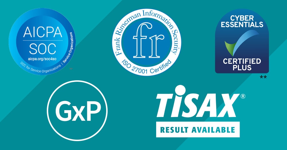 Logos: SOC GxP TISAX FRIS ISO27001 Cyber Essentials