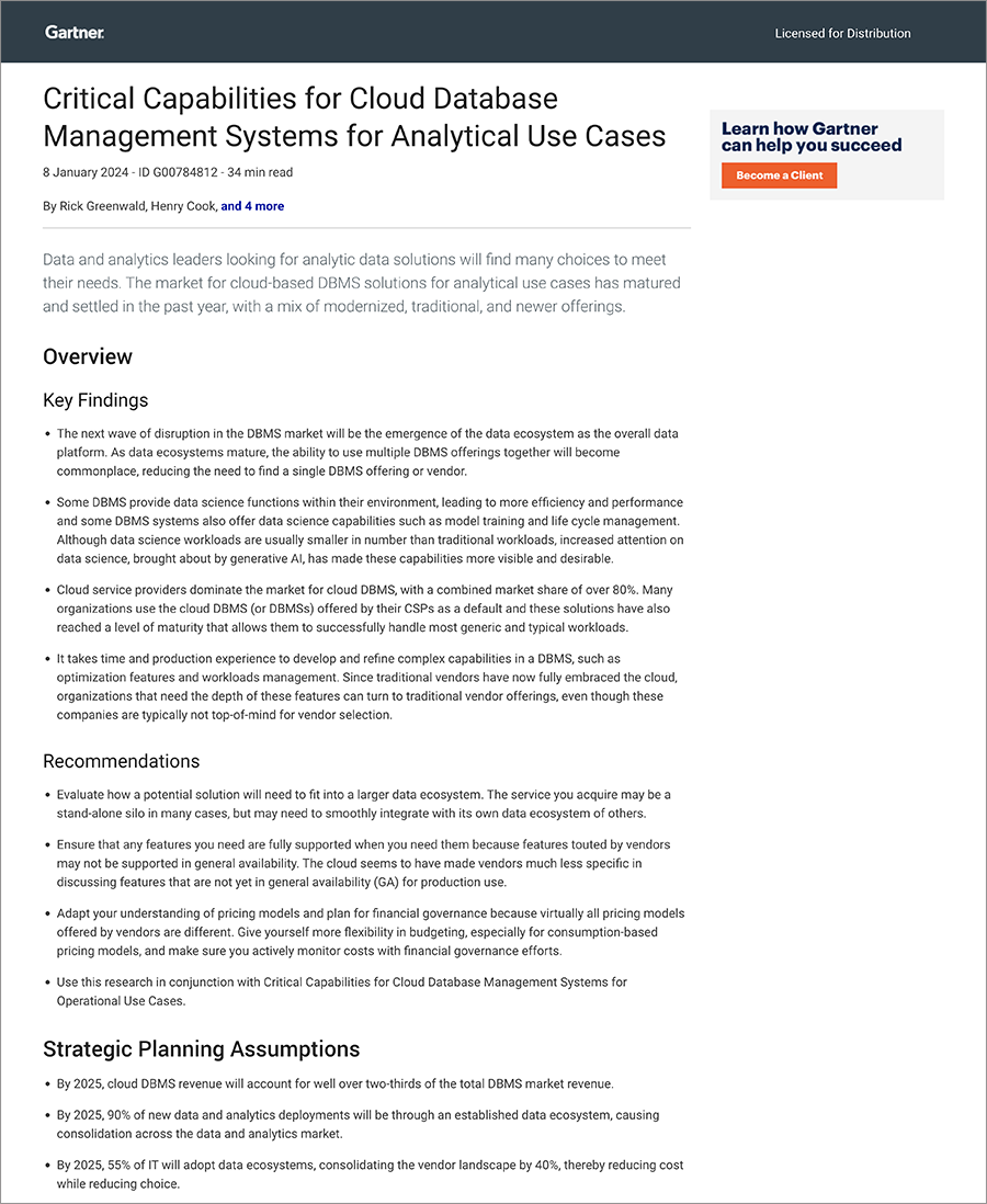 Thumbnail image of 2024 Gartner: Critical Capabilities for Cloud Database Management Systems for Analytical Use Cases