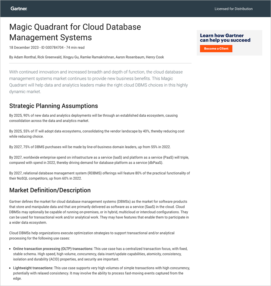 Thumbnail image of 2023 Gartner Magic Quadrant for Cloud DBMS