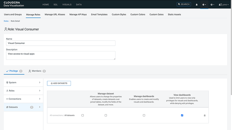 Screenshot of role-based access controls in Cloudera Data Visualization