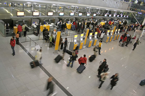 An overhead view of airport security