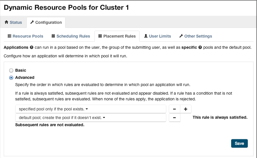 Sample of Cloudera Manager dialog showing recommended placement rules for Impala queries, with the specified resource pool taking precedence and the default pool acting as a fallback if the specified pool is not available.